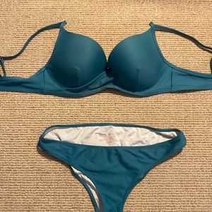 Turquoise Bikini- semi Cheeky with Flirtatious Cleavage Top